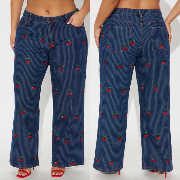 Fashion Nova Denim - FASHION NOVA | Sweetest Cherry Low Rise Wide Leg Jeans - Medium Wash